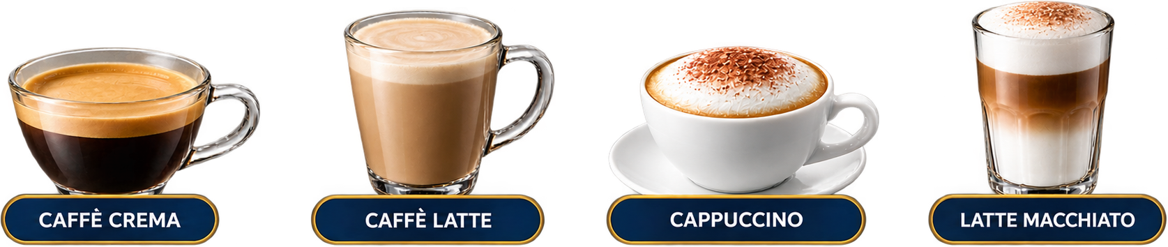 Caffè Crema, Caffè Latte, Cappuccino a Latte Macchiato